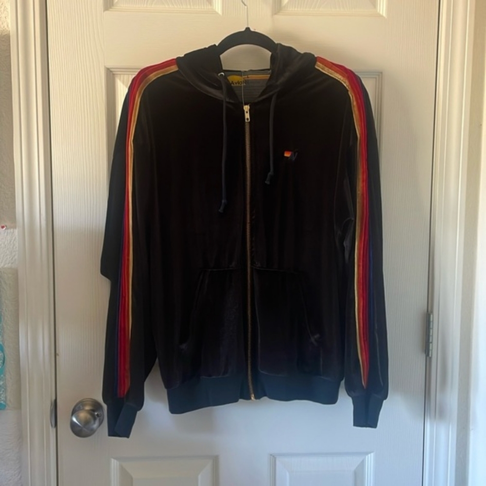 Aviator Nation Black velvet velour 5 stripe sweatshirt size Large EUC